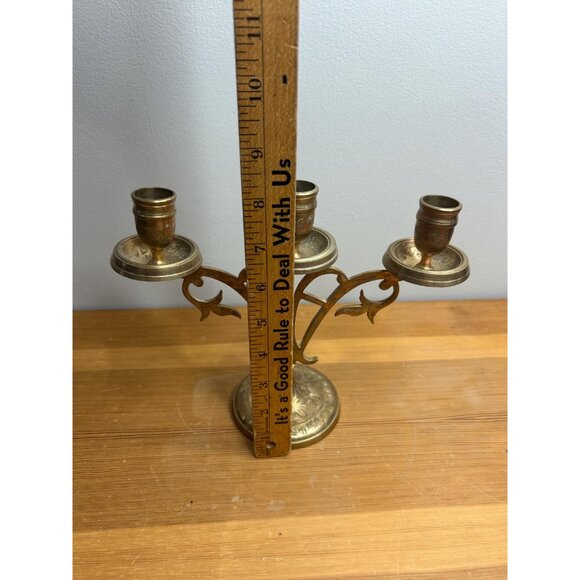 Antique vintage brass etched Candle Holder Vintage Candelabra 3 Branches Candela - Picture 7 of 7
